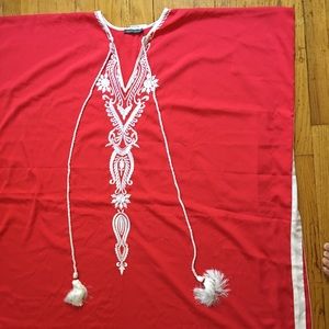 Red and white embroidered cover up